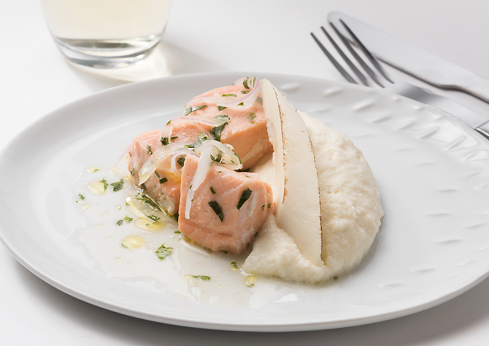 Marianted-Salmon-and-mash-potato-with-roasted-palm-cane